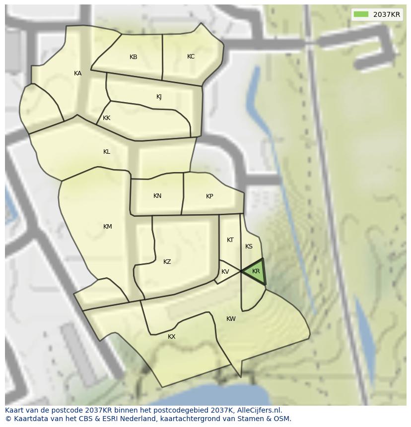 Afbeelding van het postcodegebied 2037 KR op de kaart.