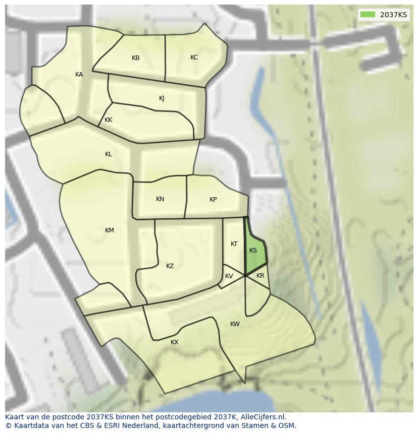 Afbeelding van het postcodegebied 2037 KS op de kaart.