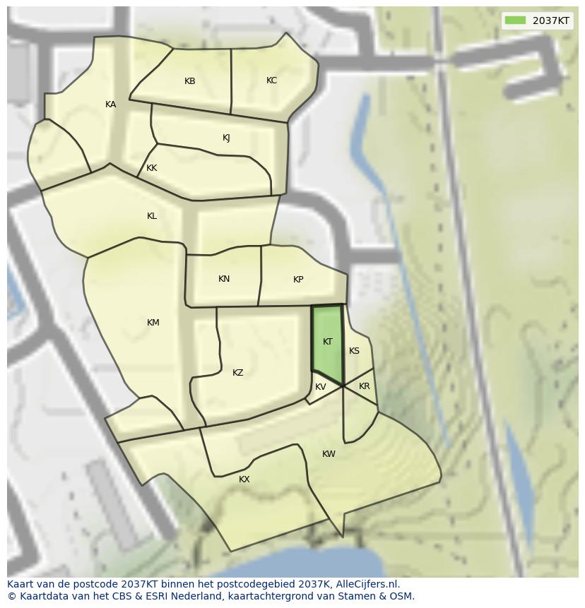 Afbeelding van het postcodegebied 2037 KT op de kaart.