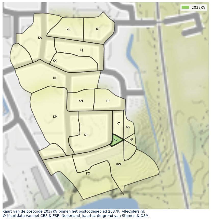 Afbeelding van het postcodegebied 2037 KV op de kaart.