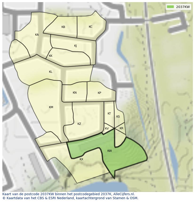 Afbeelding van het postcodegebied 2037 KW op de kaart.