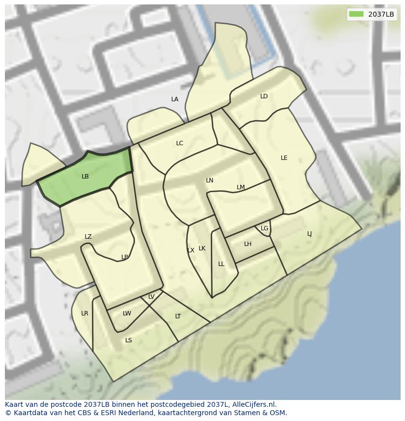 Afbeelding van het postcodegebied 2037 LB op de kaart.