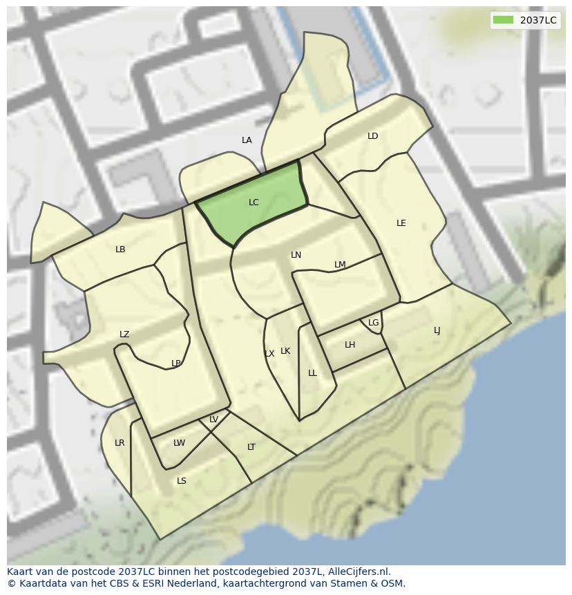 Afbeelding van het postcodegebied 2037 LC op de kaart.