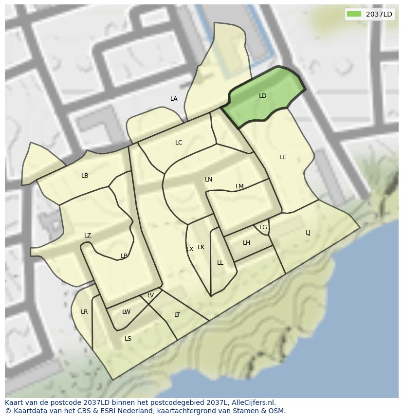 Afbeelding van het postcodegebied 2037 LD op de kaart.