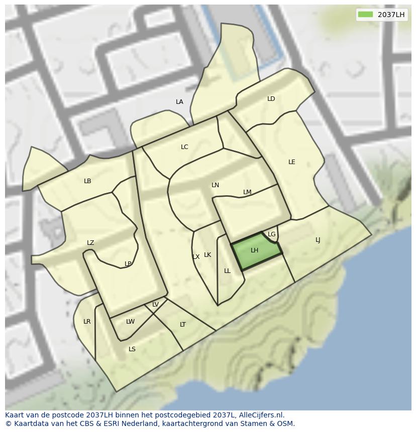 Afbeelding van het postcodegebied 2037 LH op de kaart.