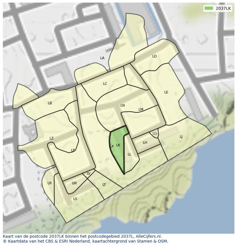 Afbeelding van het postcodegebied 2037 LK op de kaart.