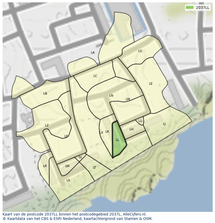 Afbeelding van het postcodegebied 2037 LL op de kaart.