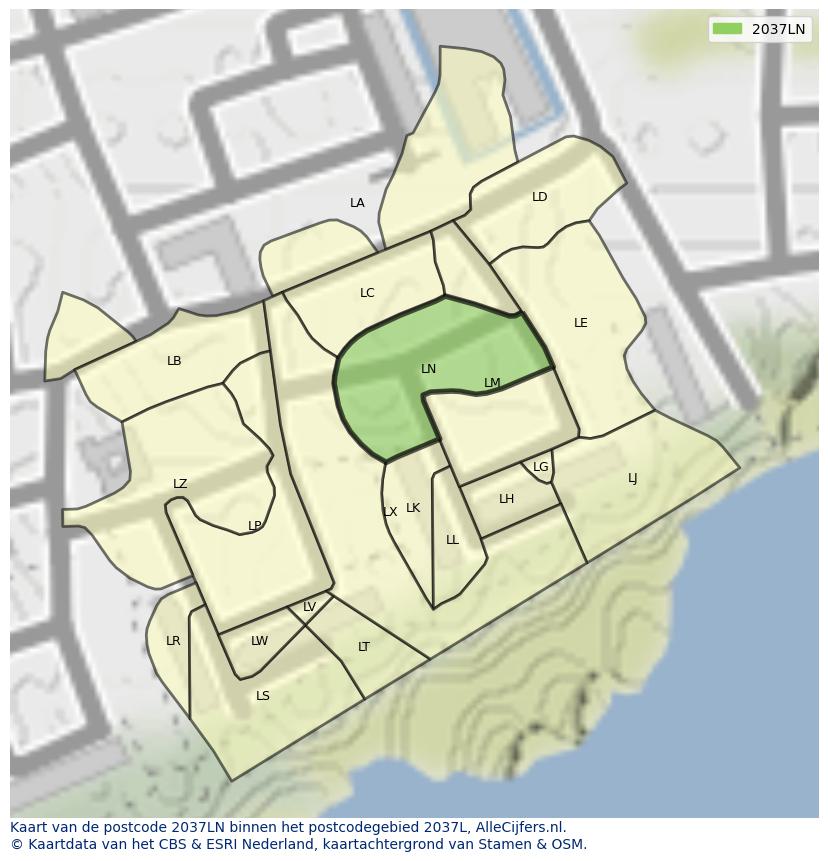Afbeelding van het postcodegebied 2037 LN op de kaart.