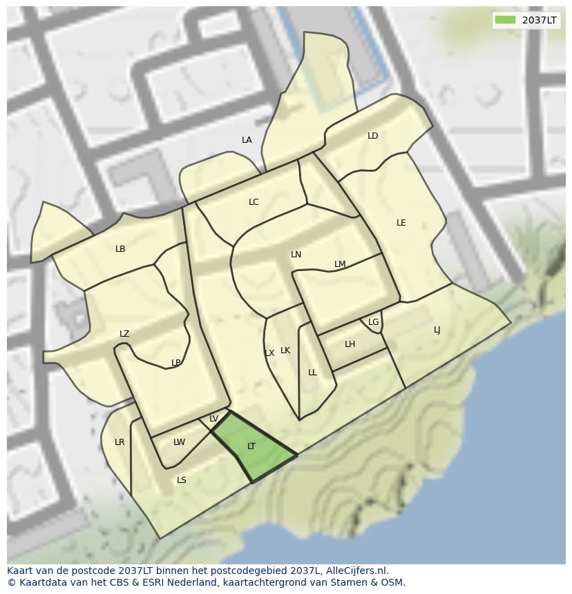 Afbeelding van het postcodegebied 2037 LT op de kaart.