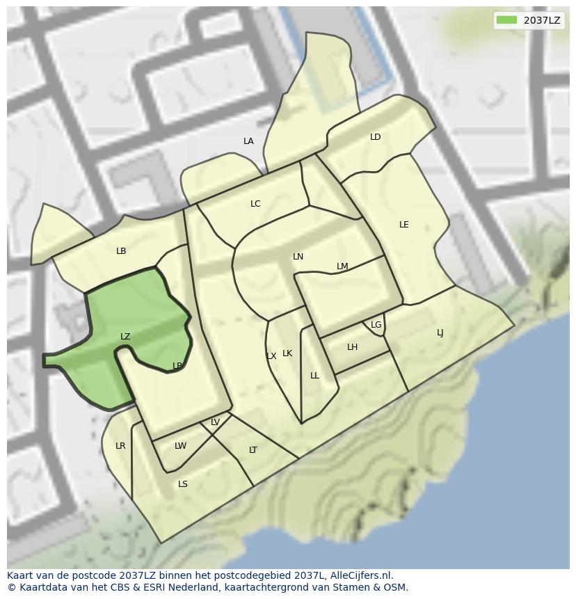 Afbeelding van het postcodegebied 2037 LZ op de kaart.