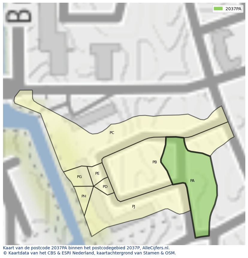 Afbeelding van het postcodegebied 2037 PA op de kaart.