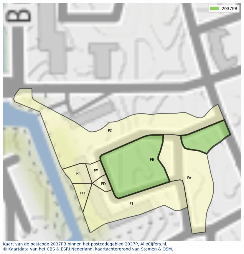 Afbeelding van het postcodegebied 2037 PB op de kaart.