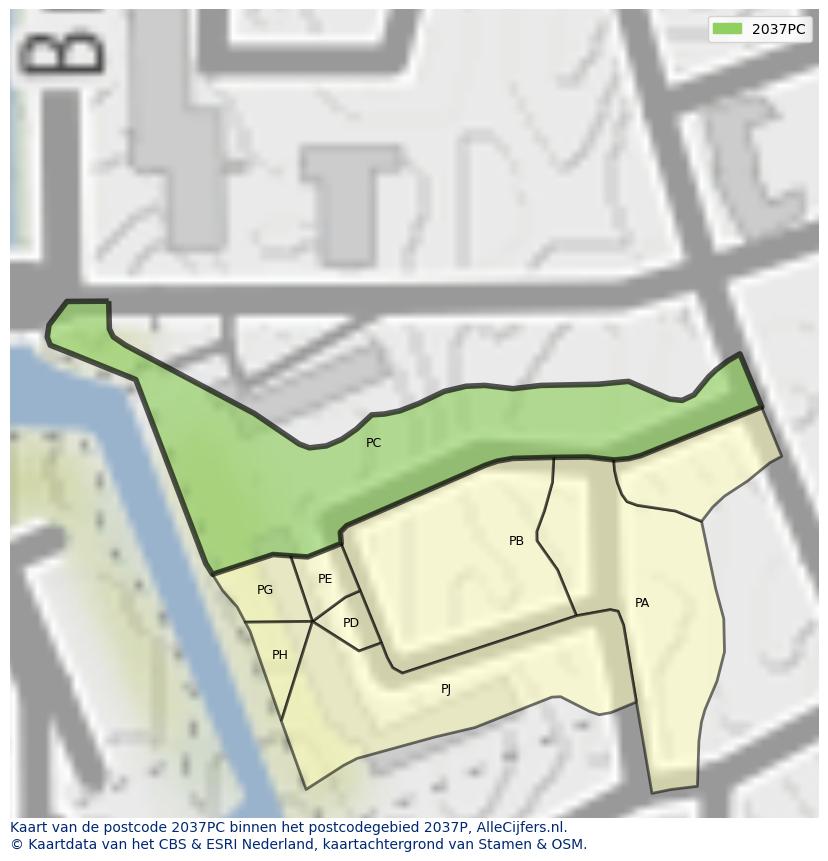 Afbeelding van het postcodegebied 2037 PC op de kaart.