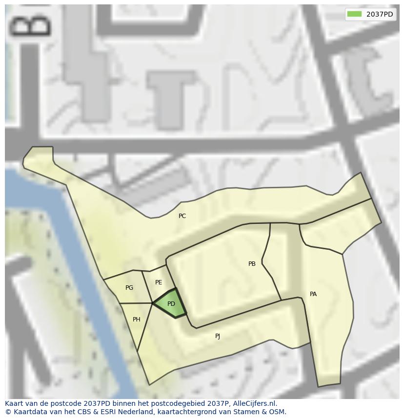 Afbeelding van het postcodegebied 2037 PD op de kaart.