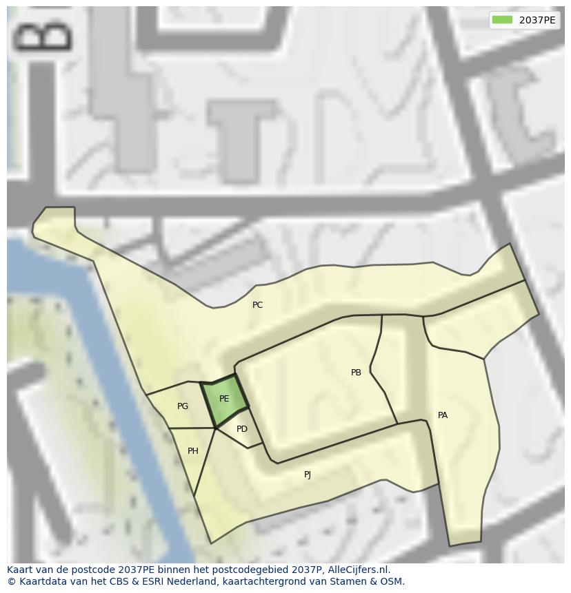 Afbeelding van het postcodegebied 2037 PE op de kaart.