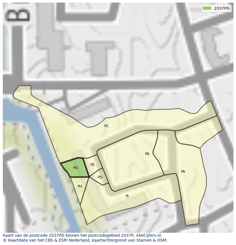 Afbeelding van het postcodegebied 2037 PG op de kaart.