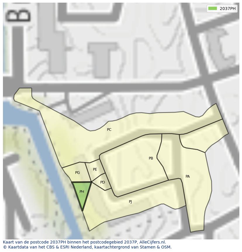 Afbeelding van het postcodegebied 2037 PH op de kaart.