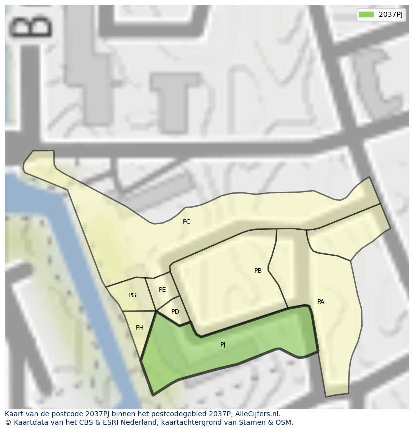 Afbeelding van het postcodegebied 2037 PJ op de kaart.