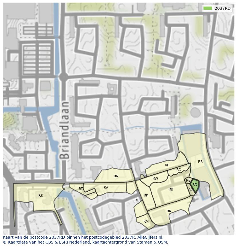 Afbeelding van het postcodegebied 2037 RD op de kaart.