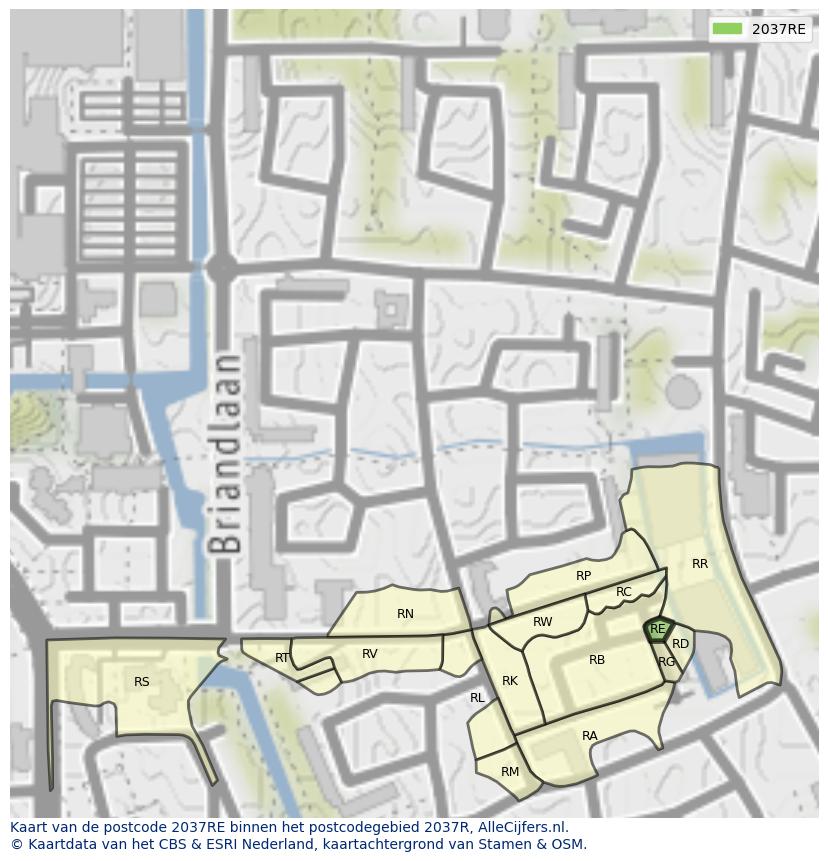 Afbeelding van het postcodegebied 2037 RE op de kaart.