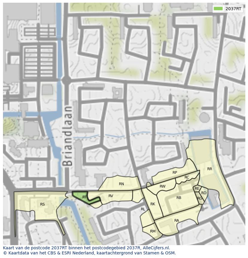 Afbeelding van het postcodegebied 2037 RT op de kaart.