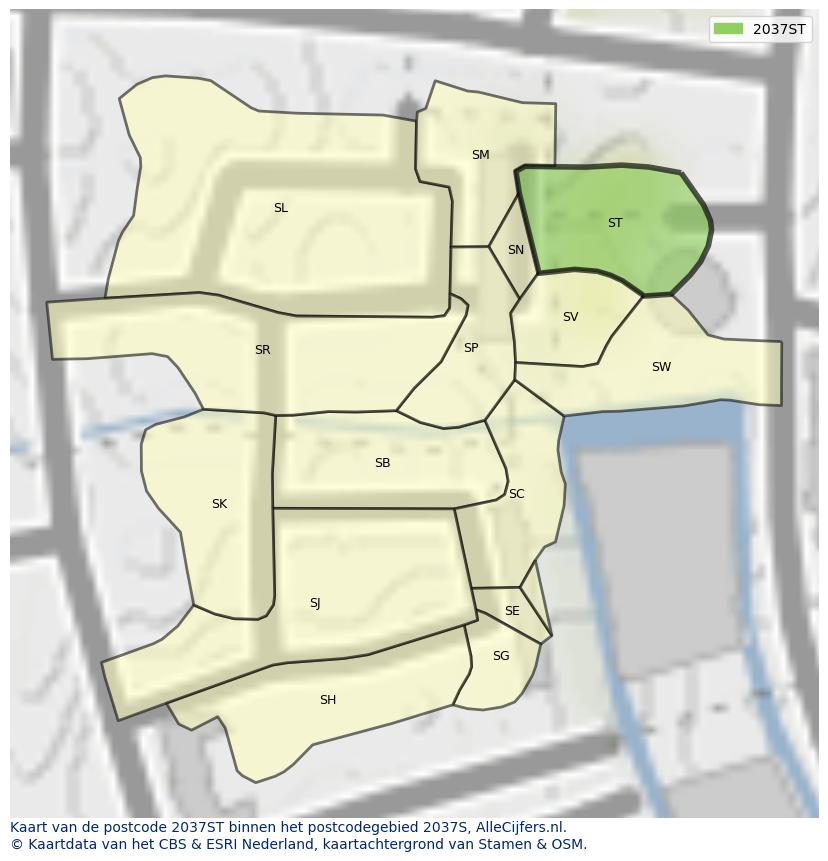 Afbeelding van het postcodegebied 2037 ST op de kaart.