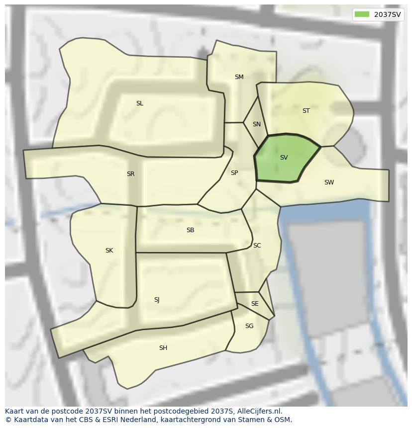 Afbeelding van het postcodegebied 2037 SV op de kaart.