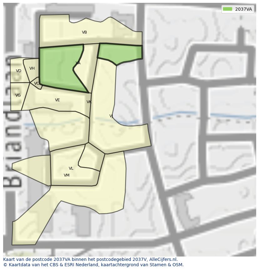 Afbeelding van het postcodegebied 2037 VA op de kaart.