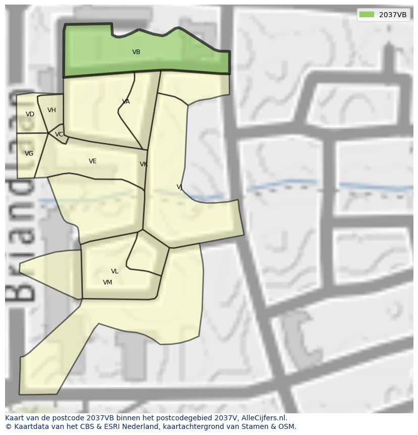 Afbeelding van het postcodegebied 2037 VB op de kaart.