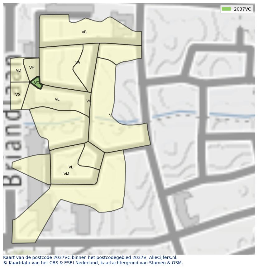 Afbeelding van het postcodegebied 2037 VC op de kaart.