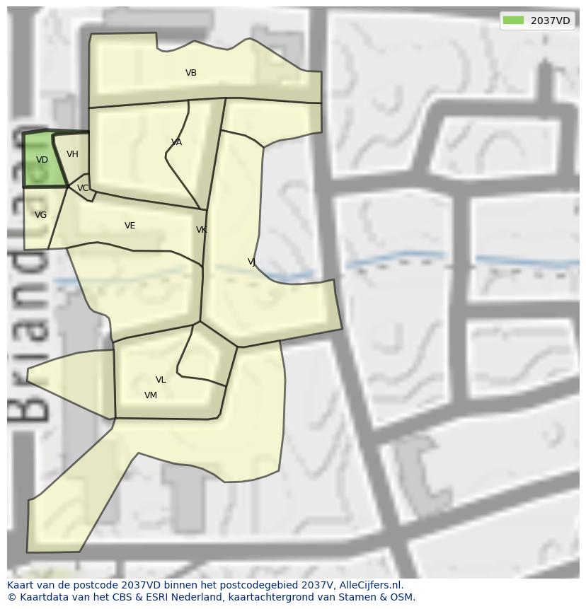Afbeelding van het postcodegebied 2037 VD op de kaart.
