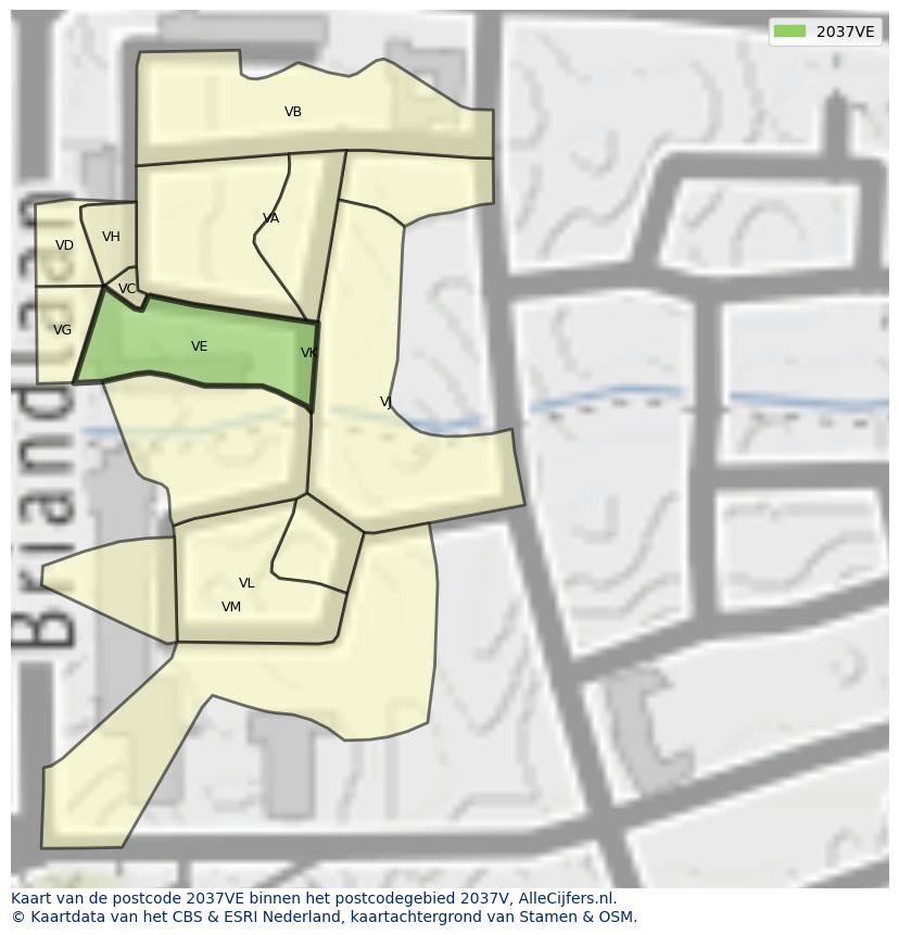 Afbeelding van het postcodegebied 2037 VE op de kaart.