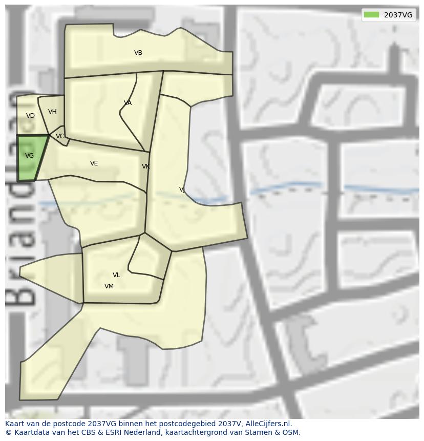 Afbeelding van het postcodegebied 2037 VG op de kaart.