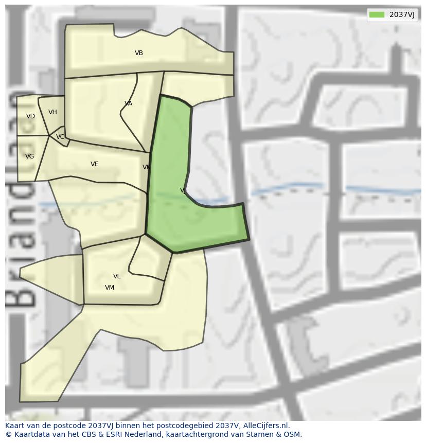 Afbeelding van het postcodegebied 2037 VJ op de kaart.