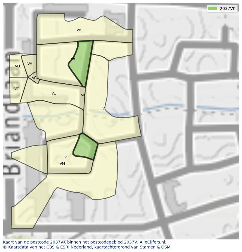 Afbeelding van het postcodegebied 2037 VK op de kaart.