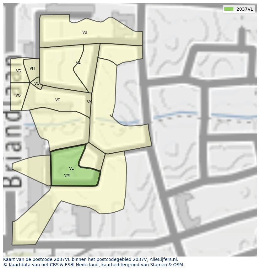 Afbeelding van het postcodegebied 2037 VL op de kaart.