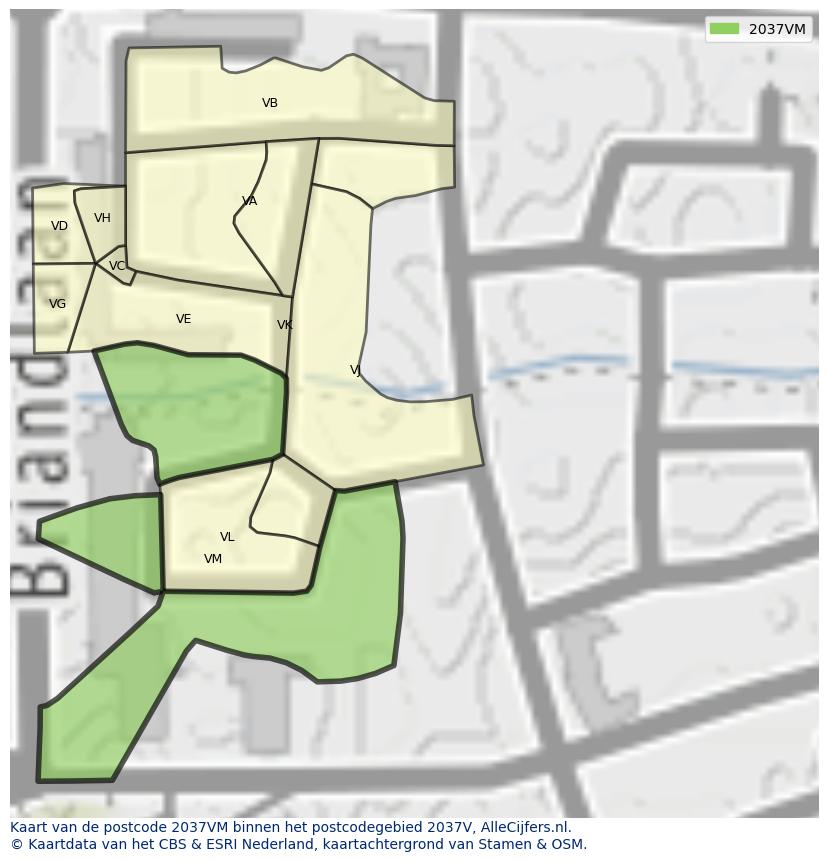 Afbeelding van het postcodegebied 2037 VM op de kaart.
