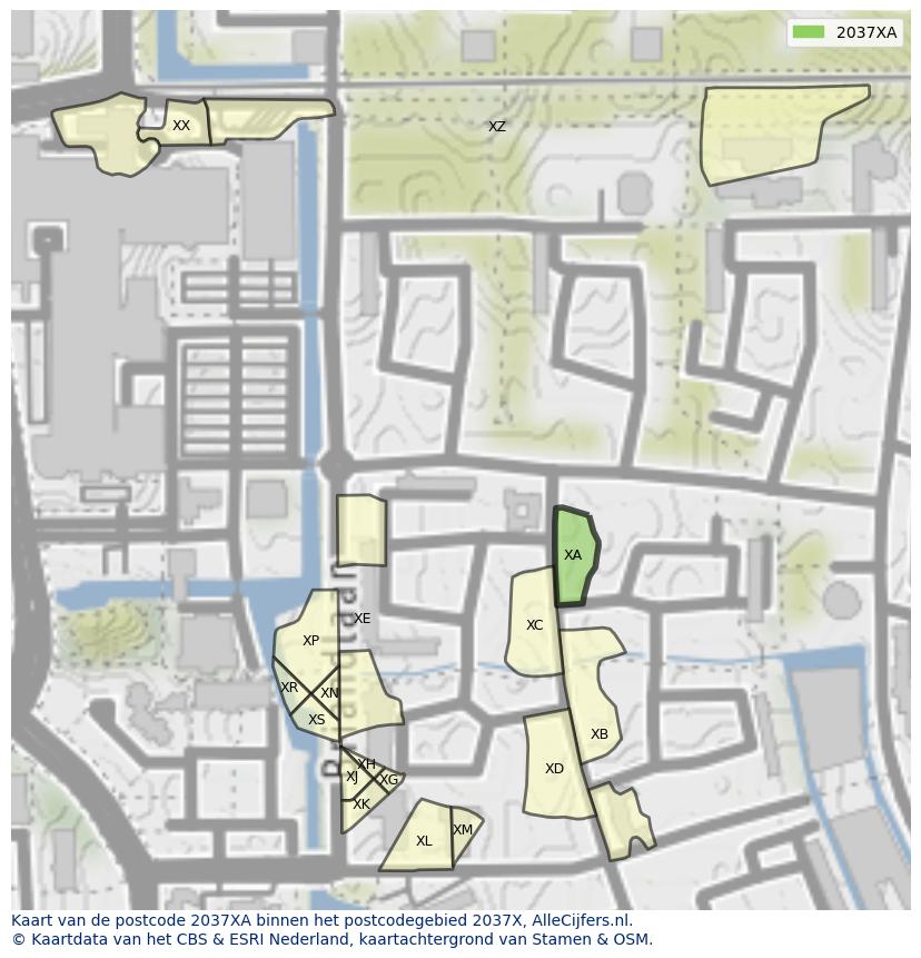 Afbeelding van het postcodegebied 2037 XA op de kaart.