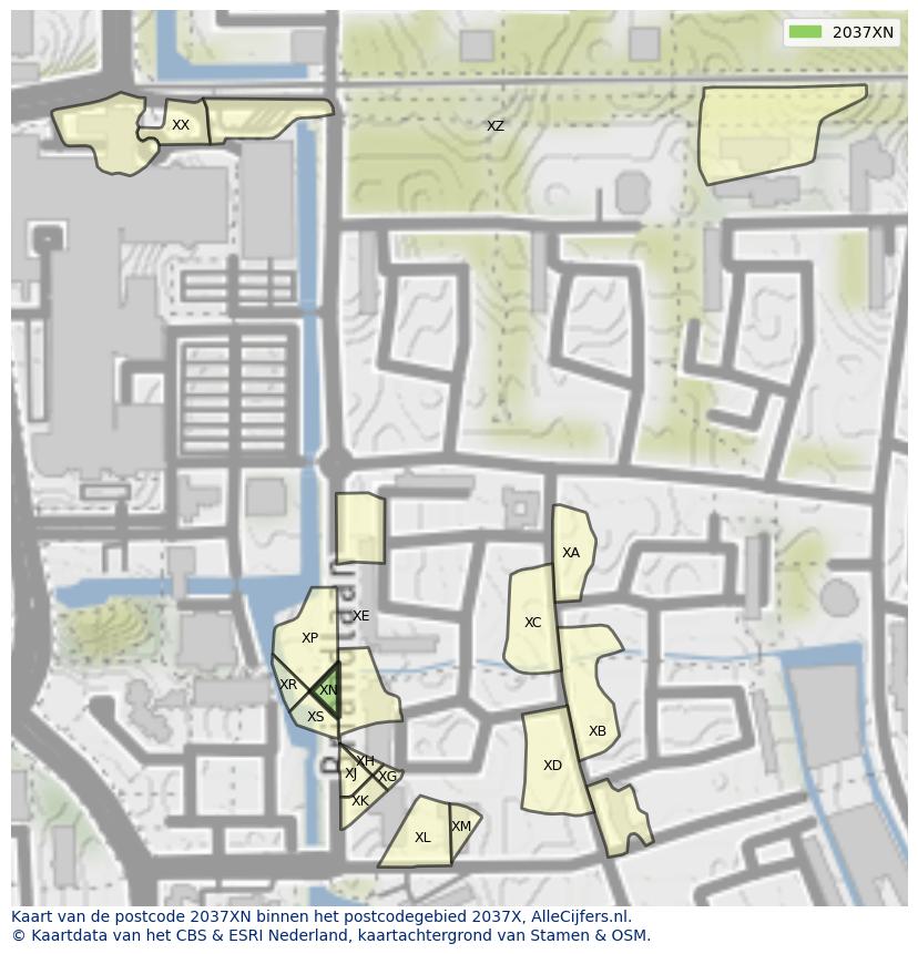 Afbeelding van het postcodegebied 2037 XN op de kaart.