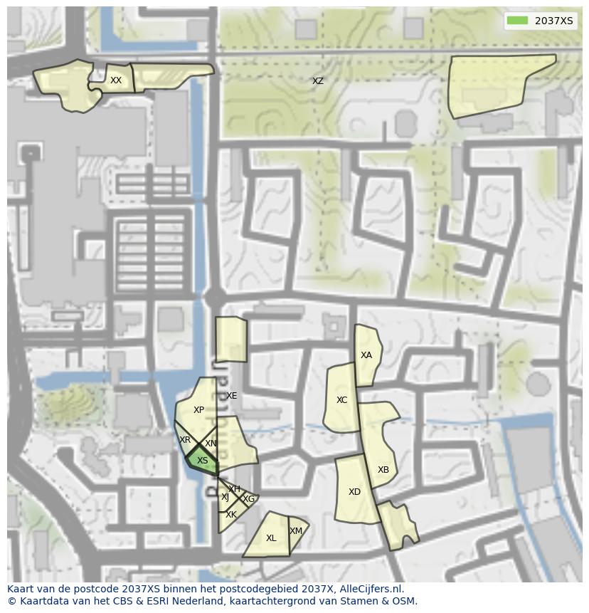 Afbeelding van het postcodegebied 2037 XS op de kaart.