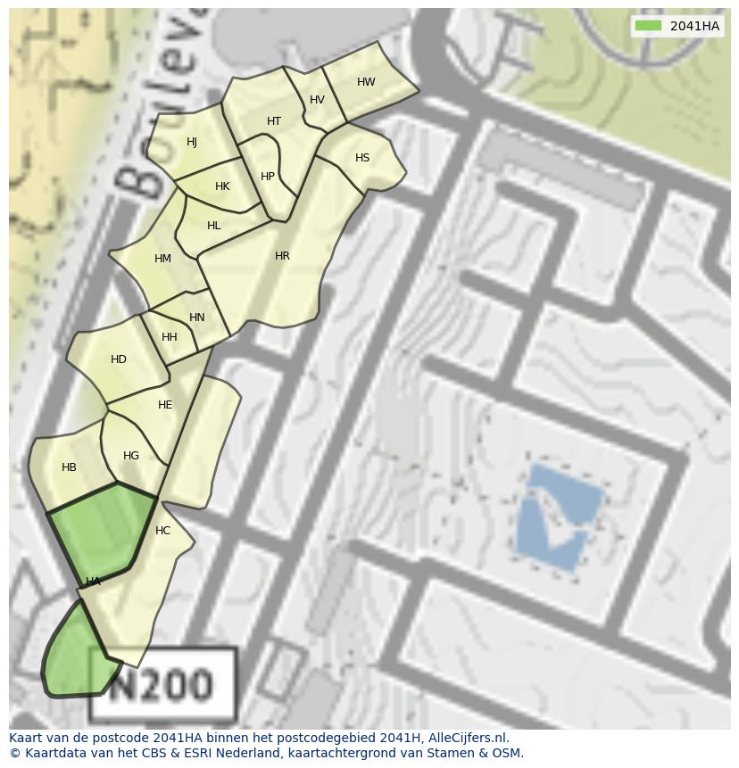 Afbeelding van het postcodegebied 2041 HA op de kaart.