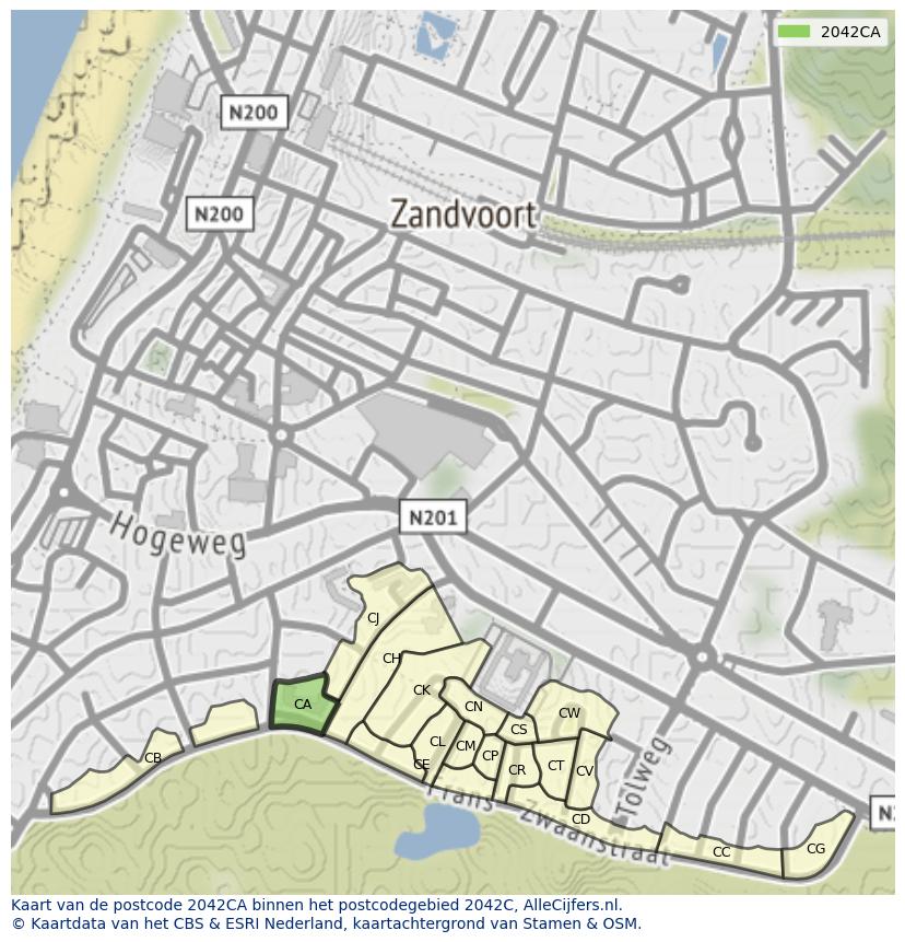 Afbeelding van het postcodegebied 2042 CA op de kaart.