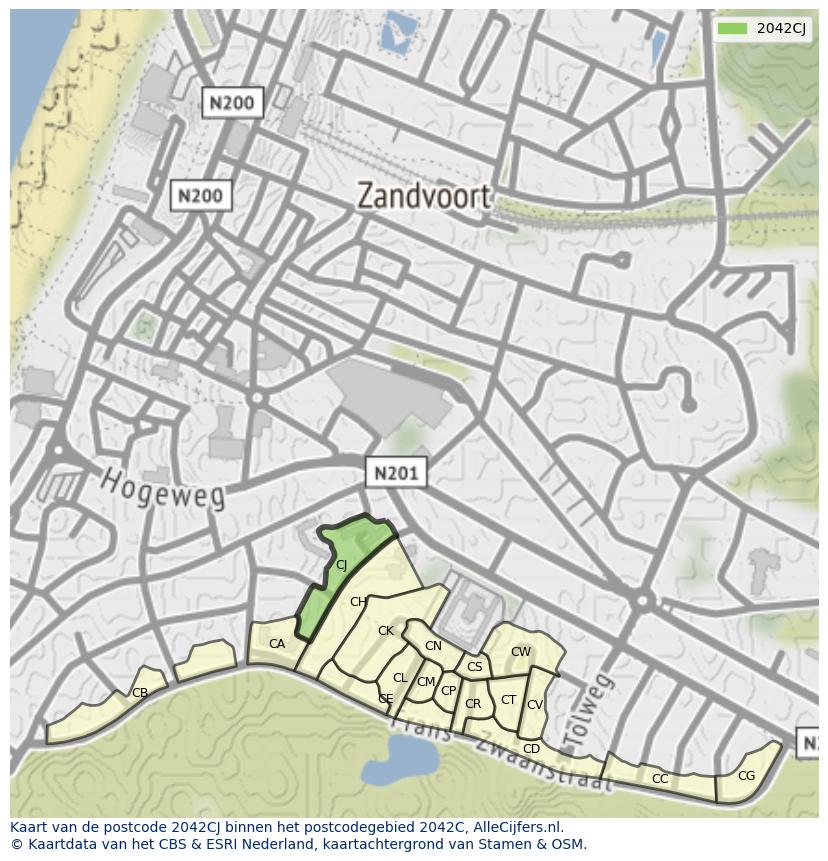 Afbeelding van het postcodegebied 2042 CJ op de kaart.