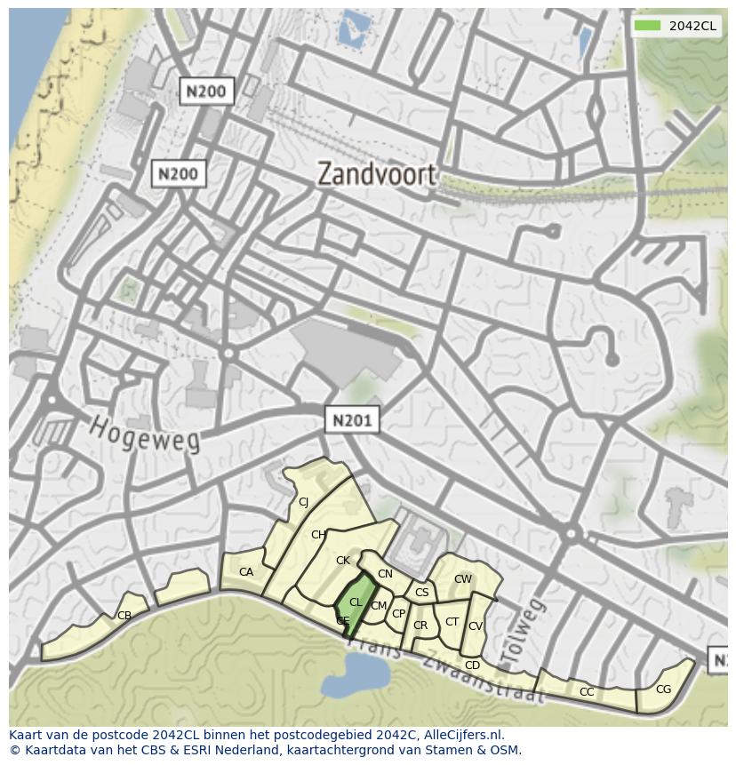 Afbeelding van het postcodegebied 2042 CL op de kaart.