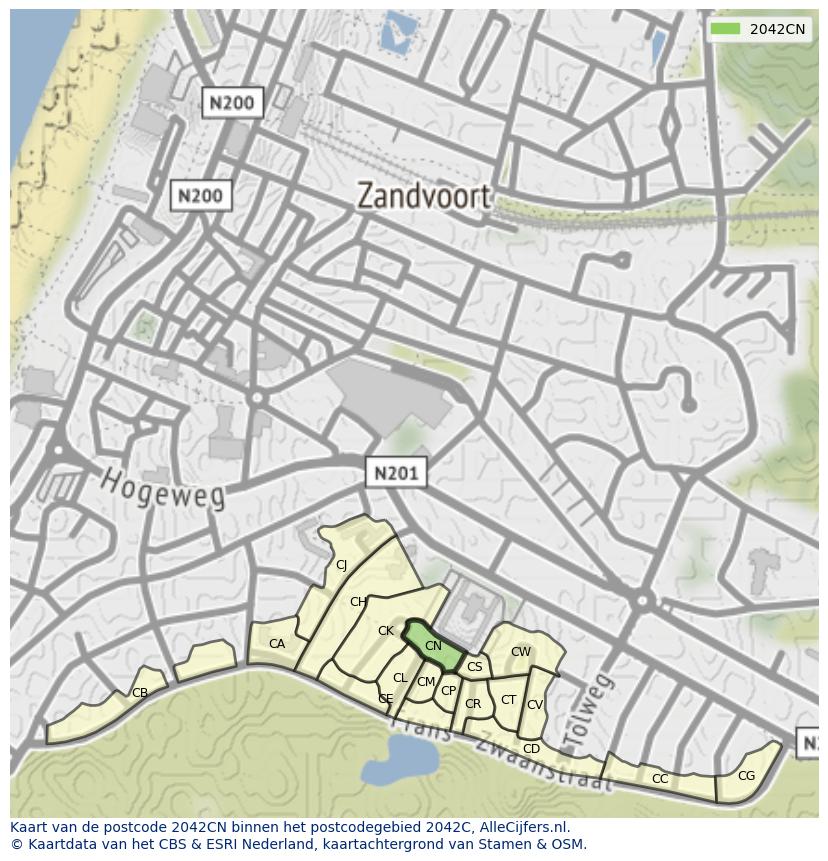 Afbeelding van het postcodegebied 2042 CN op de kaart.