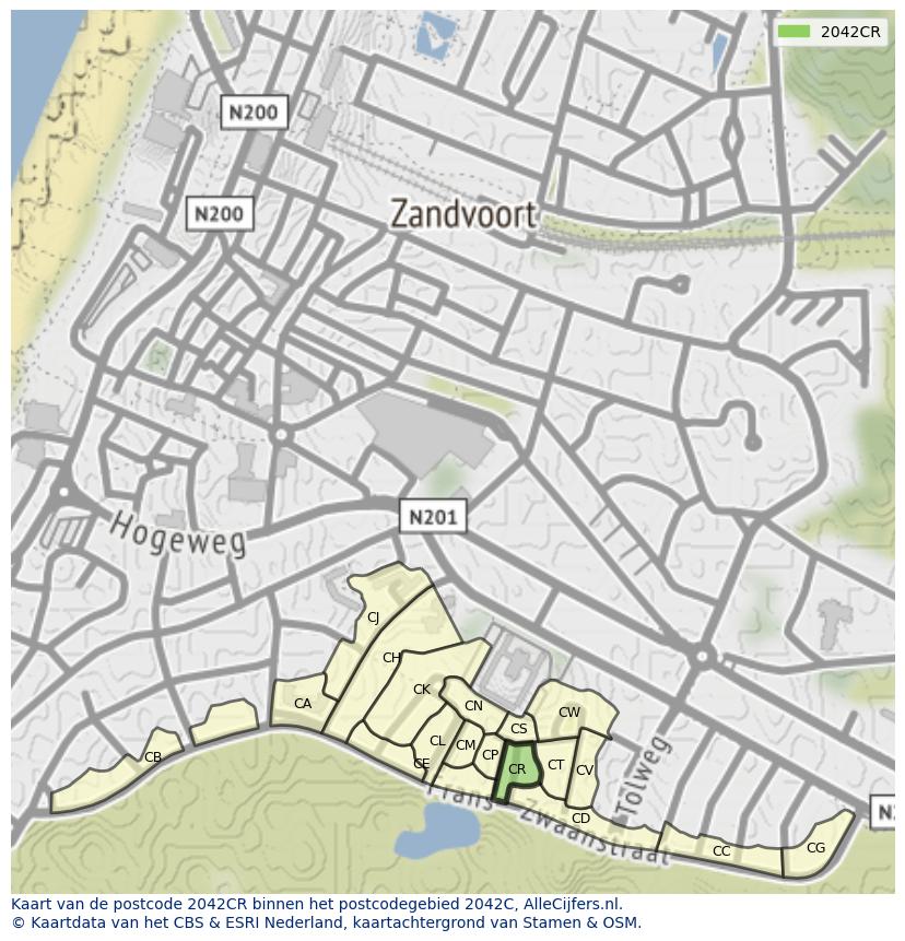 Afbeelding van het postcodegebied 2042 CR op de kaart.