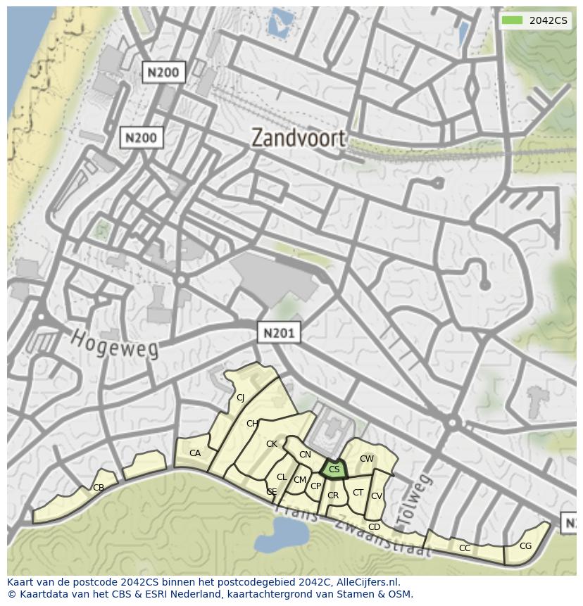 Afbeelding van het postcodegebied 2042 CS op de kaart.