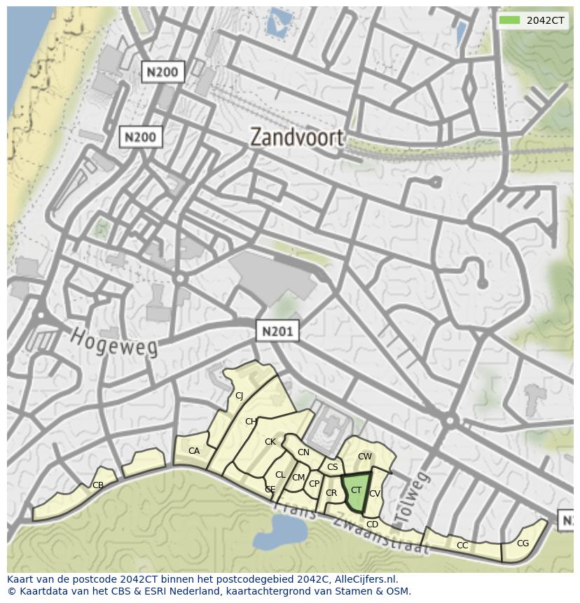 Afbeelding van het postcodegebied 2042 CT op de kaart.