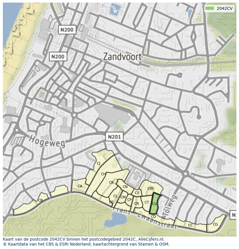 Afbeelding van het postcodegebied 2042 CV op de kaart.