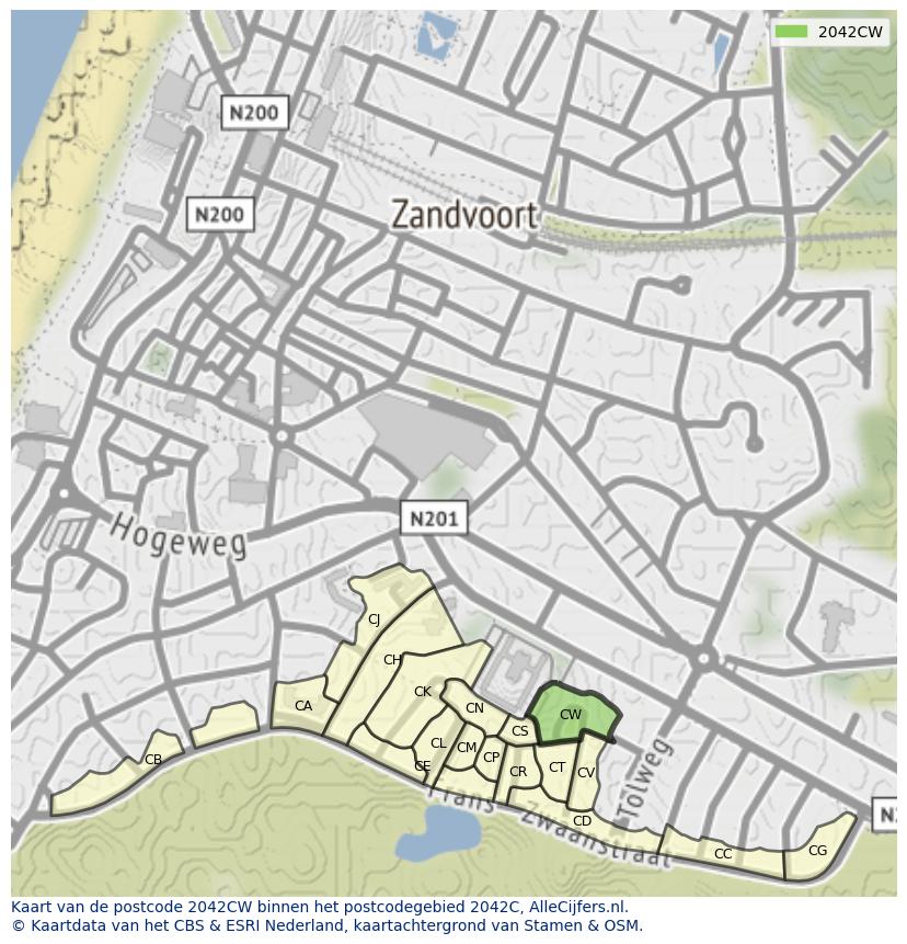 Afbeelding van het postcodegebied 2042 CW op de kaart.